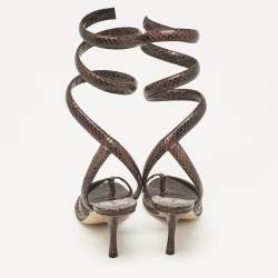 Pre Owned Bottega Veneta Brown Python Embossed Leather Ankle Strap Sandals Size 37
