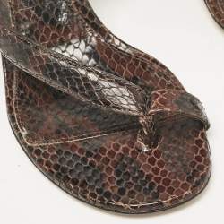 Pre Owned Bottega Veneta Brown Python Embossed Leather Ankle Strap Sandals Size 37