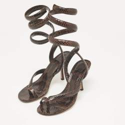 Pre Owned Bottega Veneta Brown Python Embossed Leather Ankle Strap Sandals Size 37
