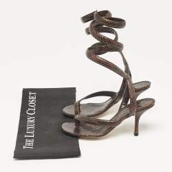 Pre Owned Bottega Veneta Brown Python Embossed Leather Ankle Strap Sandals Size 37