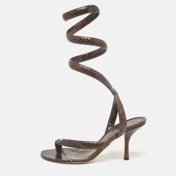 Pre Owned Bottega Veneta Brown Python Embossed Leather Ankle Strap Sandals Size 37