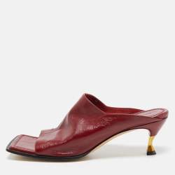 Bottega Veneta Burgundy Leather Stretch Square Toe Kitten Heel Mules Size 39