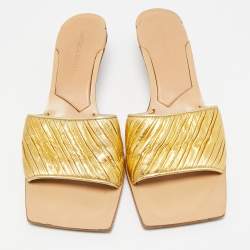 Bottega Veneta Gold Pleated Leather Slide Sandals Size 38.5