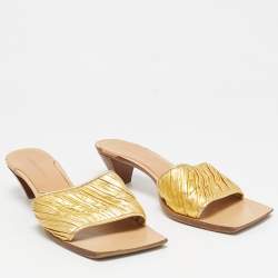 Bottega Veneta Gold Pleated Leather Slide Sandals Size 38.5