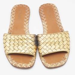 Bottega Veneta Metallic Gold Intrecciato Leather Slide Flats Size 38.5