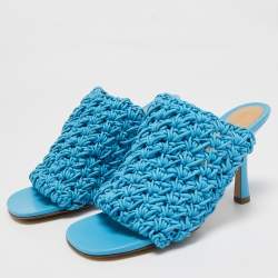 Pre Owned Bottega Veneta Blue Woven Leather Board Slide Sandals Size 37