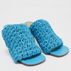 Pre Owned Bottega Veneta Blue Woven Leather Board Slide Sandals Size 37