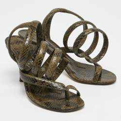 Pre Owned Bottega Veneta Green Python Embossed Leather Spiral Sandals Size 38