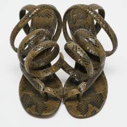 Pre Owned Bottega Veneta Green Python Embossed Leather Spiral Sandals Size 38