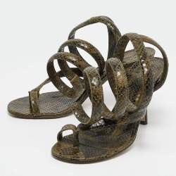 Pre Owned Bottega Veneta Green Python Embossed Leather Spiral Sandals Size 38