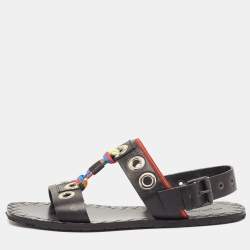 Bottega Veneta Black Leather Grommet Slingback Flat Sandals Size 40