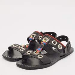 Bottega Veneta Black Leather Grommet Slingback Flat Sandals Size 40