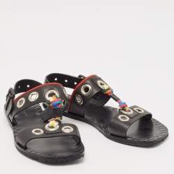 Bottega Veneta Black Leather Grommet Slingback Flat Sandals Size 40
