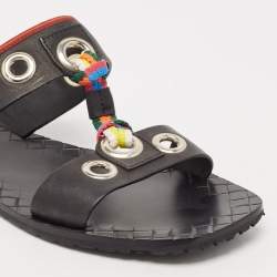 Bottega Veneta Black Leather Grommet Slingback Flat Sandals Size 40