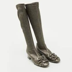 Bottega Veneta Metallic Leather and Fabric Knee High Boots Size 38