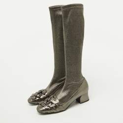 Bottega Veneta Metallic Leather and Fabric Knee High Boots Size 38