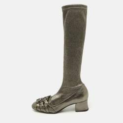 Bottega Veneta Metallic Leather and Fabric Knee High Boots Size 38