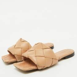 Bottega Veneta Light Brown Leather Lido Flat Slide Sandals Size 38