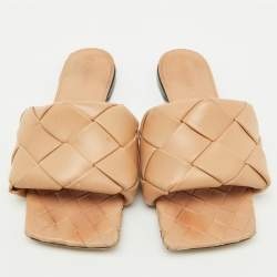 Bottega Veneta Light Brown Leather Lido Flat Slide Sandals Size 38