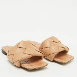 Bottega Veneta Light Brown Leather Lido Flat Slide Sandals Size 38