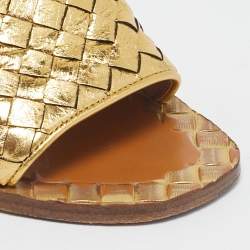 Pre Owned Bottega Veneta Metallic Intrecciato Leather Slide Sandals Size 37.5