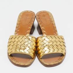 Pre Owned Bottega Veneta Metallic Intrecciato Leather Slide Sandals Size 37.5