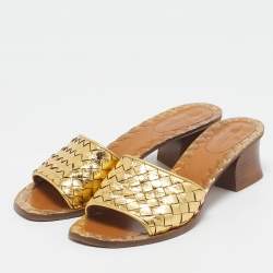 Pre Owned Bottega Veneta Metallic Intrecciato Leather Slide Sandals Size 37.5