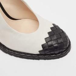 Bottega Veneta White/Black Intrecciato Suede and Leather Espadrille Wedge Sandals Size 39