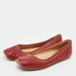 Pre Owned Bottega Veneta Burgundy Intrecciato Leather Ballet Flats Size 35.5