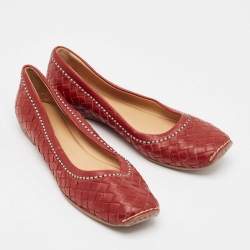 Pre Owned Bottega Veneta Burgundy Intrecciato Leather Ballet Flats Size 35.5