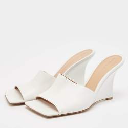 Pre Owned Bottega Veneta White Leather Stretch Wedge Sandals Size 37.5