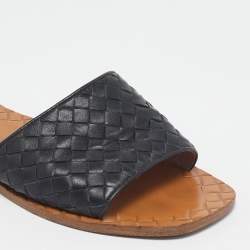 Pre Owned Bottega Veneta Black Leather Intrecciato Flat Slides Size 38