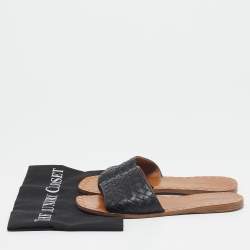 Pre Owned Bottega Veneta Black Leather Intrecciato Flat Slides Size 38