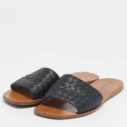 Pre Owned Bottega Veneta Black Leather Intrecciato Flat Slides Size 38