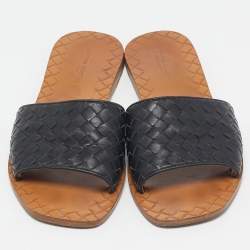 Pre Owned Bottega Veneta Black Leather Intrecciato Flat Slides Size 38