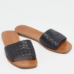 Pre Owned Bottega Veneta Black Leather Intrecciato Flat Slides Size 38