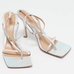 Bottega Veneta Silver Iridescent Leather Stretch Ankle Strap Sandals Size 39.5