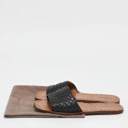 Pre Owned Bottega Veneta Black Intrecciato Leather Flat Slides Size 39