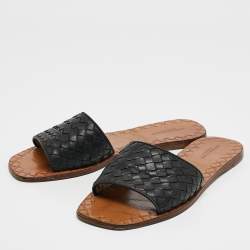 Pre Owned Bottega Veneta Black Intrecciato Leather Flat Slides Size 39