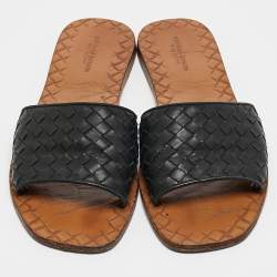 Pre Owned Bottega Veneta Black Intrecciato Leather Flat Slides Size 39