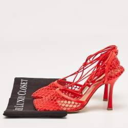 Bottega Veneta Coral Red Mesh and Leather Stretch Wrap Pumps Size 38