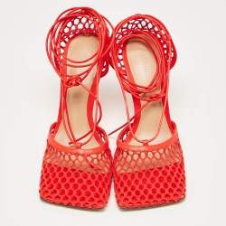 Bottega Veneta Coral Red Mesh and Leather Stretch Wrap Pumps Size 38