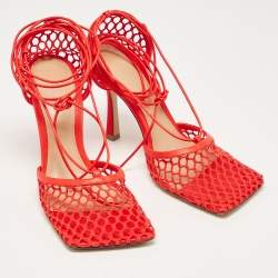Bottega Veneta Coral Red Mesh and Leather Stretch Wrap Pumps Size 38