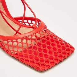 Bottega Veneta Coral Red Mesh and Leather Stretch Wrap Pumps Size 38
