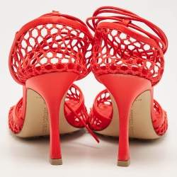 Bottega Veneta Coral Red Mesh and Leather Stretch Wrap Pumps Size 38