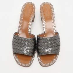 Pre Owned Bottega Veneta Metallic Grey Intrecciato Leather Ravello Slide Sandals Size 40.5