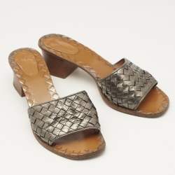 Bottega Veneta Metallic Intrecciato Leather Ravello Slide Sandals Size 39