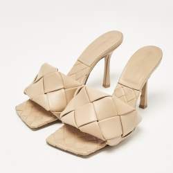 Pre Owned Bottega Veneta Beige Intrecciato Leather Lido Slide Sandals Size 38.5