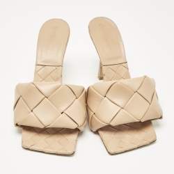 Pre Owned Bottega Veneta Beige Intrecciato Leather Lido Slide Sandals Size 38.5
