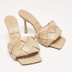 Pre Owned Bottega Veneta Beige Intrecciato Leather Lido Slide Sandals Size 38.5